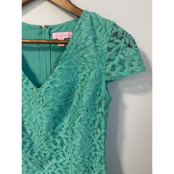 Lilly Pulitzer Erica Seafoam Green Metallic Jungle Lace Shift Dress $228 XS EUC - Picture 2 of 6